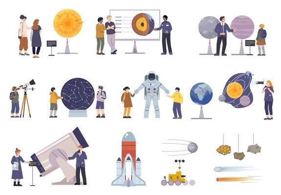 Planetarium flat set with isolated icons and compositions of visitor characters telescopes museum exhibits and excursions vector illustration