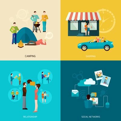 Friends design concept set with camping shopping social network and relationship flat icons isolated vector illustration