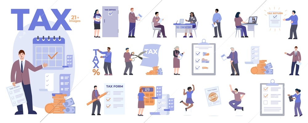 Tax people flat set with compositions of isolated icons human characters with money calendars and checkboxes vector illustration