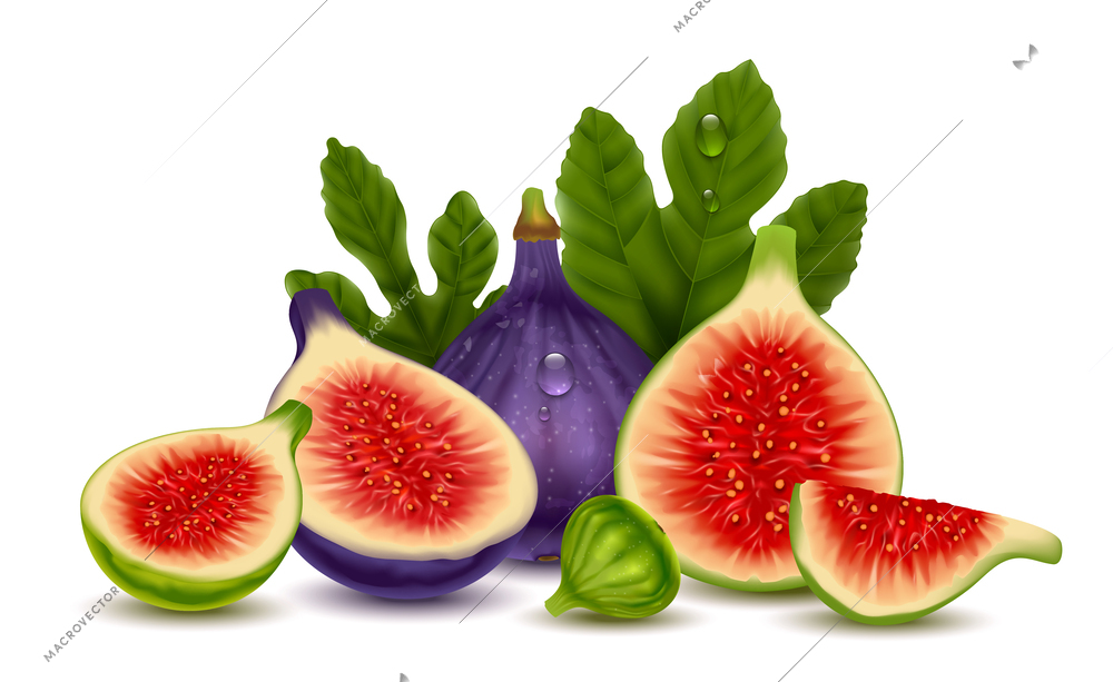 Figs realistic composition consisting of whole and cut fresh ripe fruits on white background vector illustration