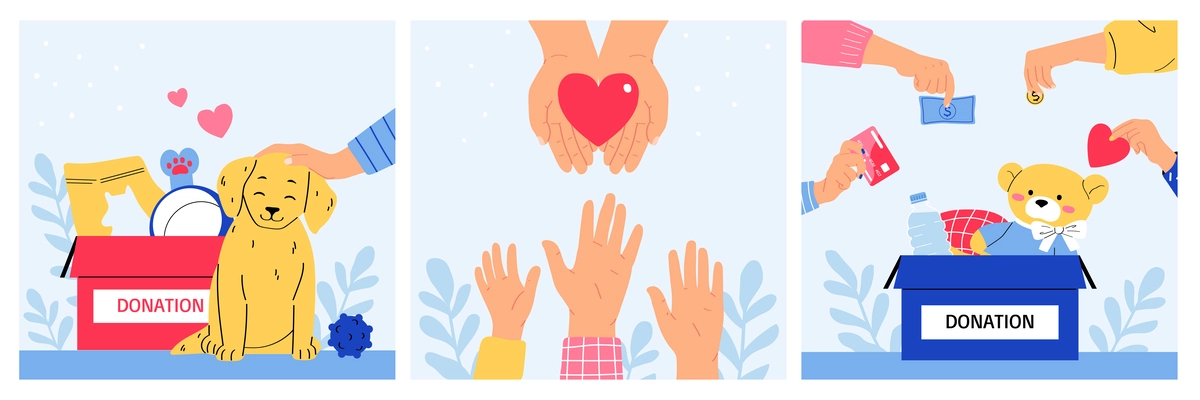 Charity fundraising volunteering flat compositions set with donation boxes for animals and children human hands donating money isolated vector illustration