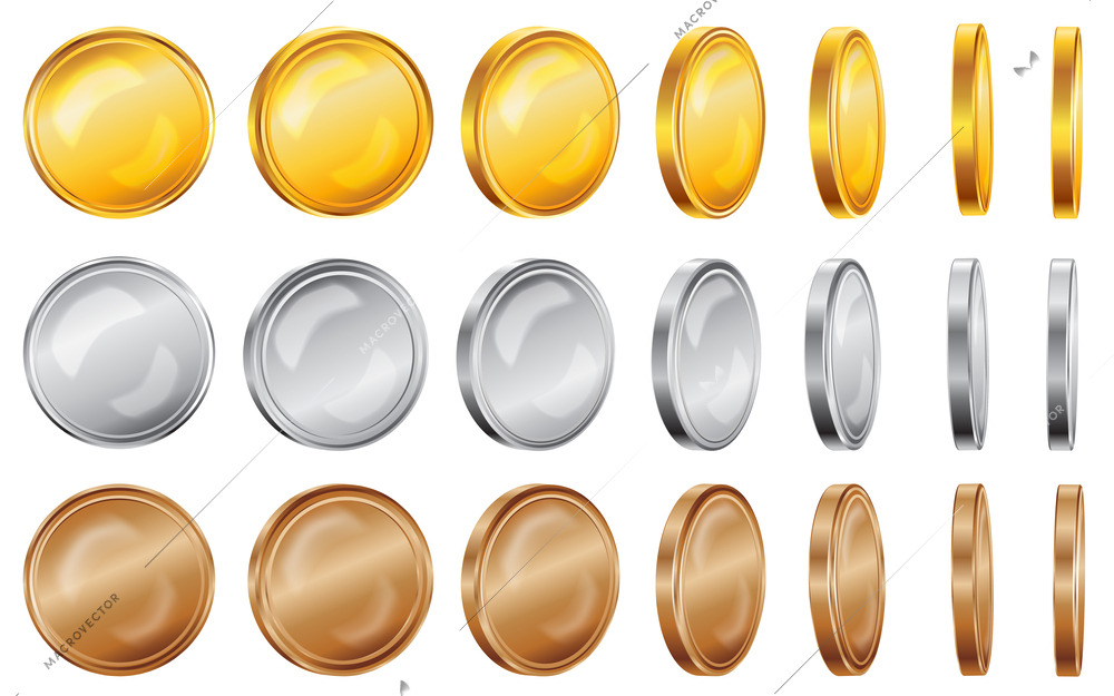 Realistic coins transparent set of isolated icons with gold silver and bronze colored money dime items vector illustration