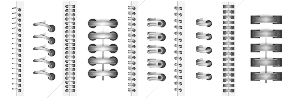 Realistic metal binders set with vertical rows of silver colored metal page separators on blank background vector illustration