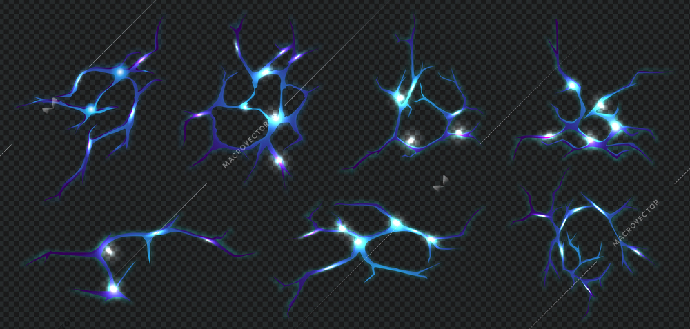 Realistic ground cracks set with blur colored neuron fracture images with glowing sections on dark background vector illustration