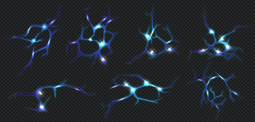 Realistic ground cracks set with blur colored neuron fracture images with glowing sections on dark background vector illustration