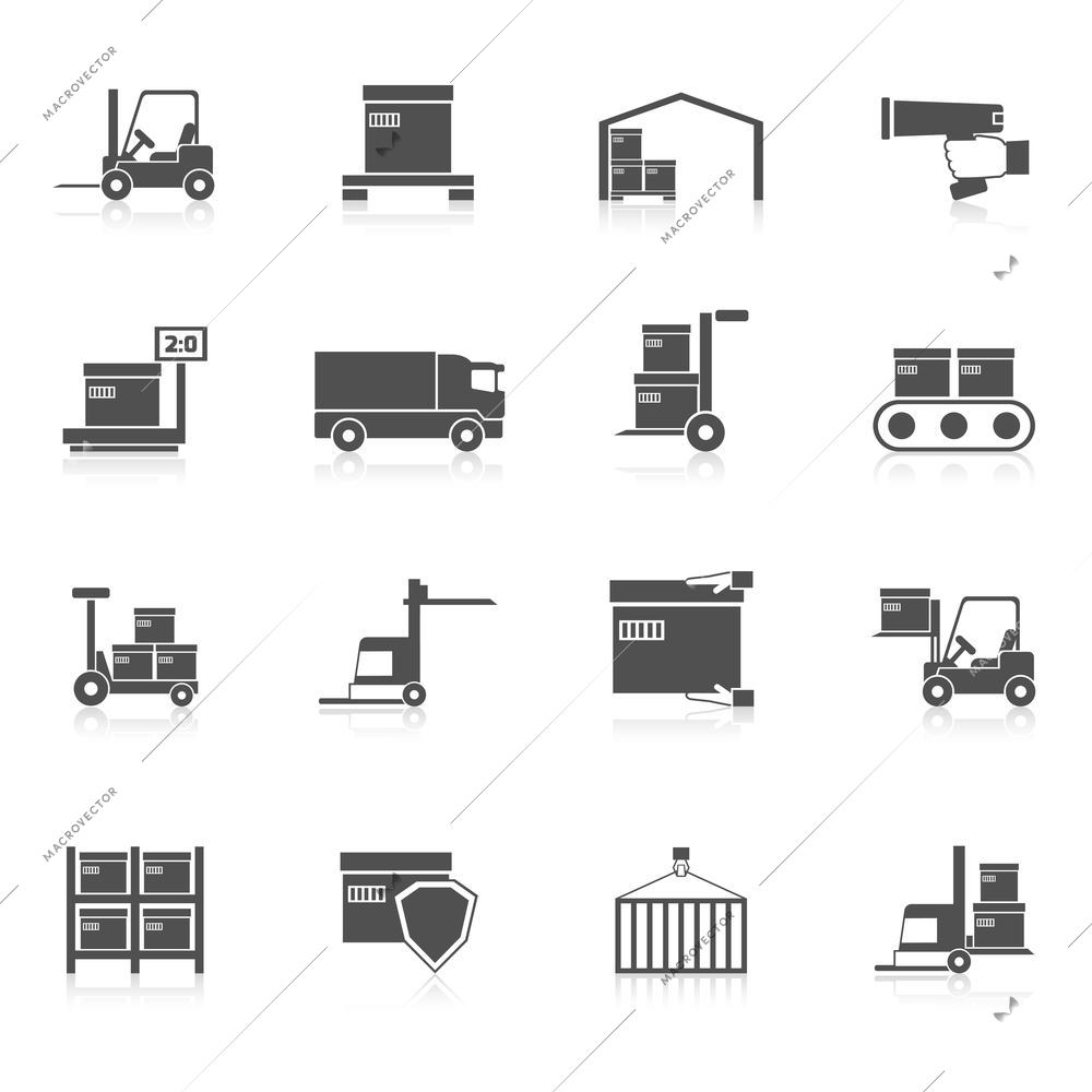 Warehouse icons black set with transport logistic delivery chain symbols isolated vector illustration