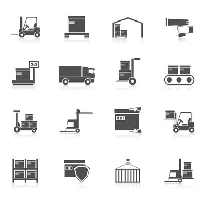 Warehouse icons black set with transport logistic delivery chain symbols isolated vector illustration