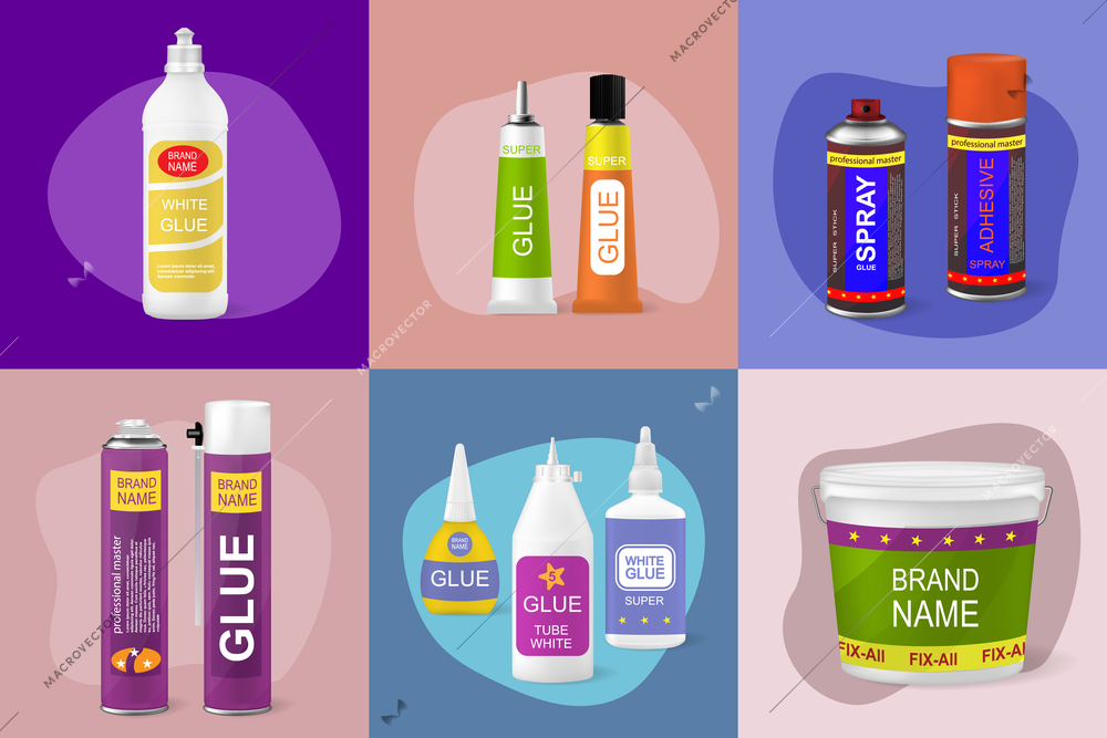 Glue spray bottles containers sticks tubes on color background flat set isolated vector illustration