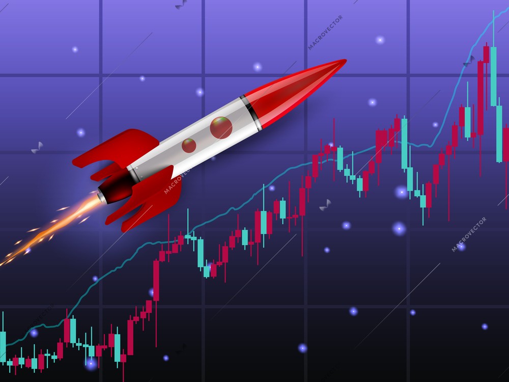 Trading graph rising high with rocket on gradient background with sparkling stars flat vector illustration
