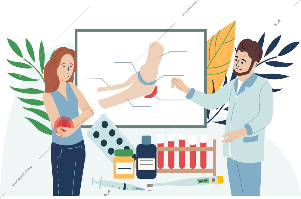 Physical pain and injury flat composition with unhappy patient and doctor with scheme and medication treatment vector illustration