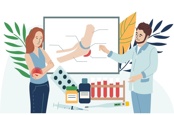 Physical pain and injury flat composition with unhappy patient and doctor with scheme and medication treatment vector illustration
