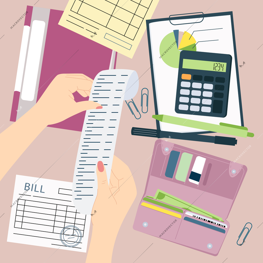 Hands with money flat composition of workplace with calculator bills wallet with credit cards and cash vector illustration