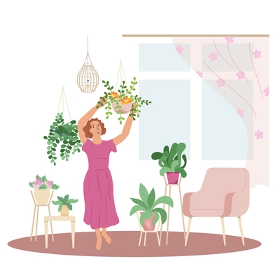 Home gardening flat composition with blank background and view of living room with woman hanging plants vector illustration