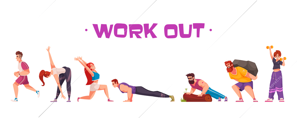 Workout cartoon icons set with males and females doing sports isolated vector illustration