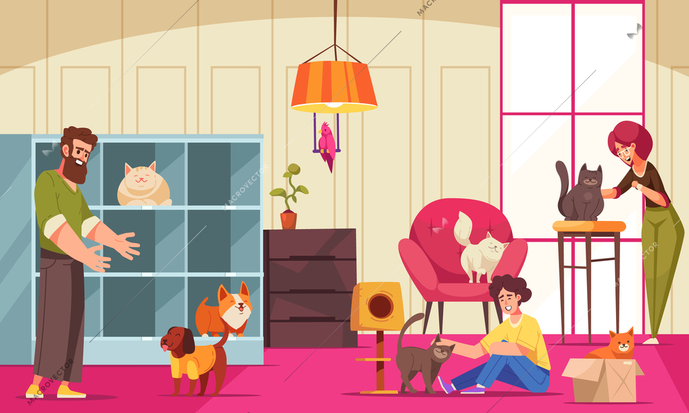 Pet hotel cartoon poster with cats and dogs indoors vector illustration