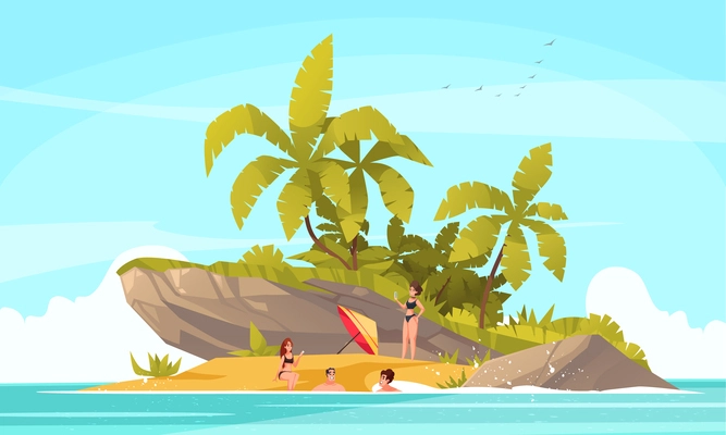 Tropical island cartoon concept with people on lonely beach vector illustration