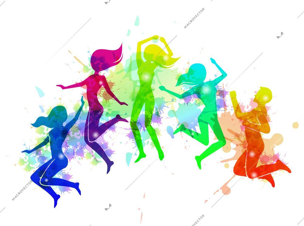 Cheerful happy free motion jumping people rainbow colored vector illustration