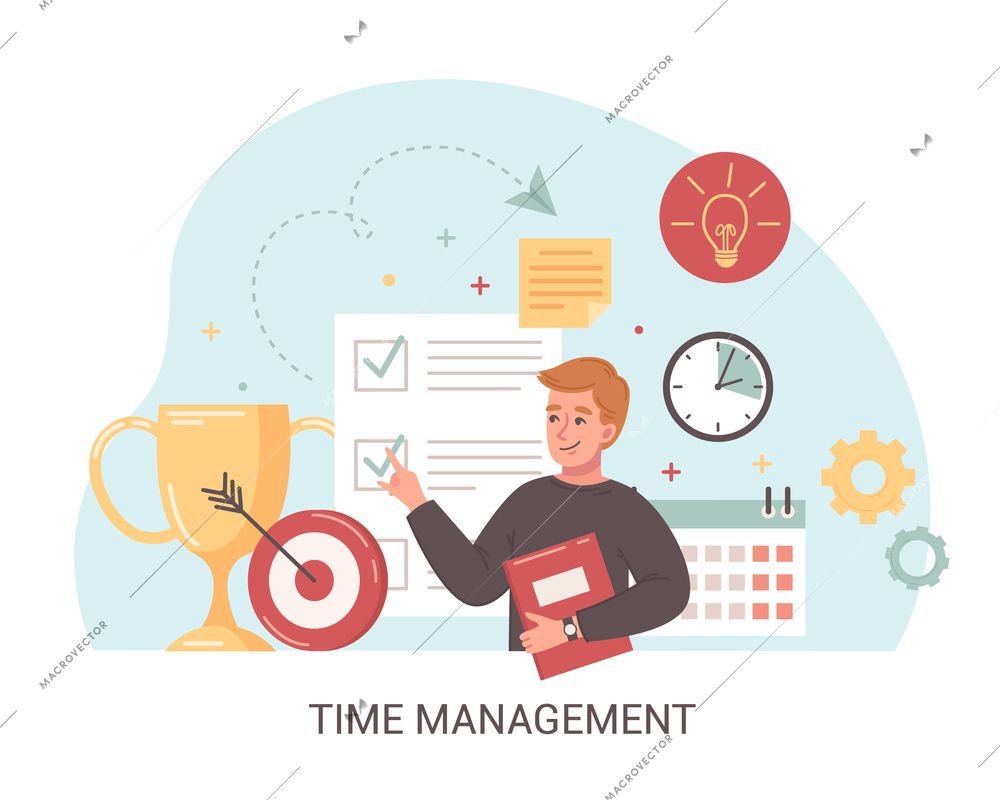 Time management cartoon composition with winners cup business planning creative idea goal flat icons vector illustration