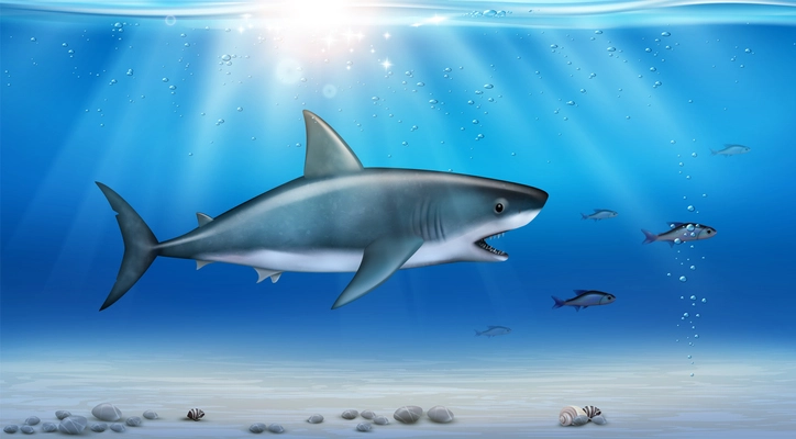 Realistic side view of hunting shark with open mouth under water vector illustration