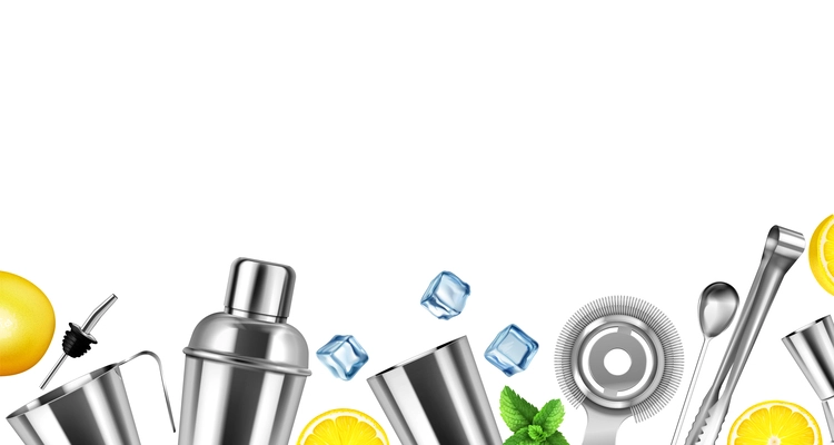 Bar equipment realistic composition with stainless steel accessories for making cocktails ice cubes mint lemon slices on white background vector illustration