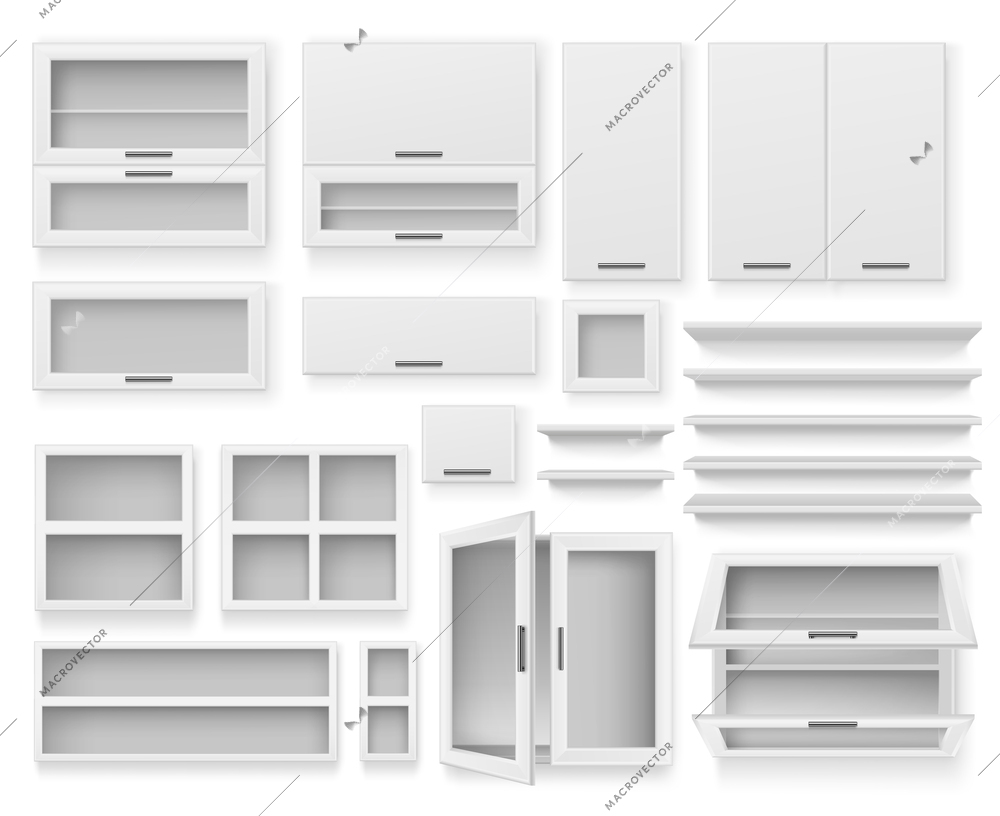 Furniture elements realistic set with various white cupboards shelves and cabinets isolated vector illustration