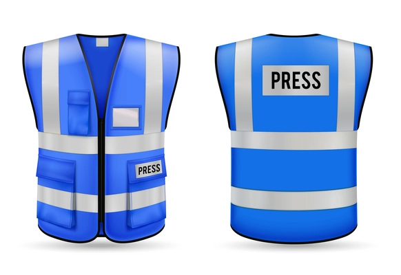 Press blue safety vest with reflective stripes front and back views realistic set isolated vector illustration