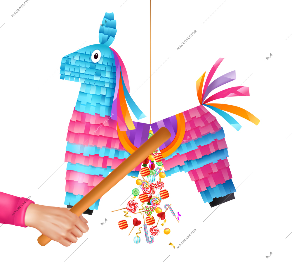 Realistic mexican pinata concept with human hand holding wooden club vector illustration