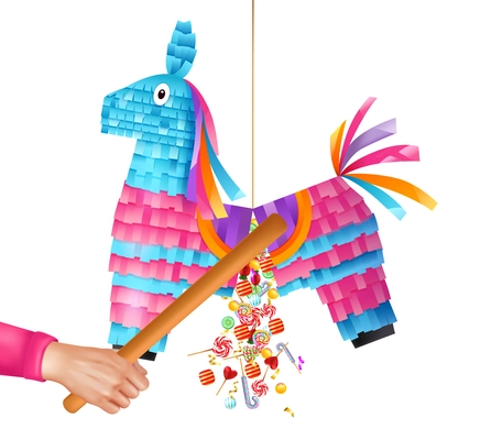 Realistic mexican pinata concept with human hand holding wooden club vector illustration