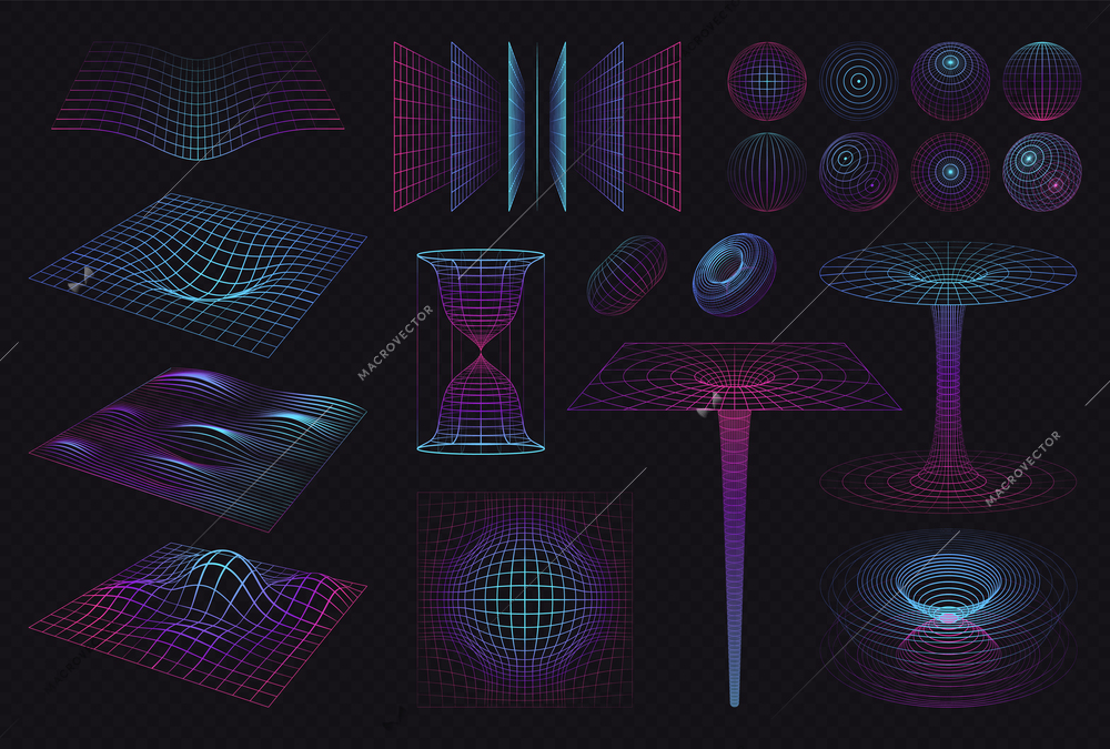 3d shapes set with isolated neon colored illuminating grids waves and spectrum patterns on dark background vector illustration