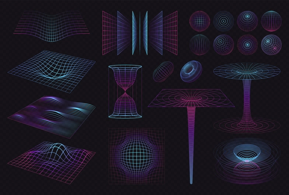 3d shapes set with isolated neon colored illuminating grids waves and spectrum patterns on dark background vector illustration