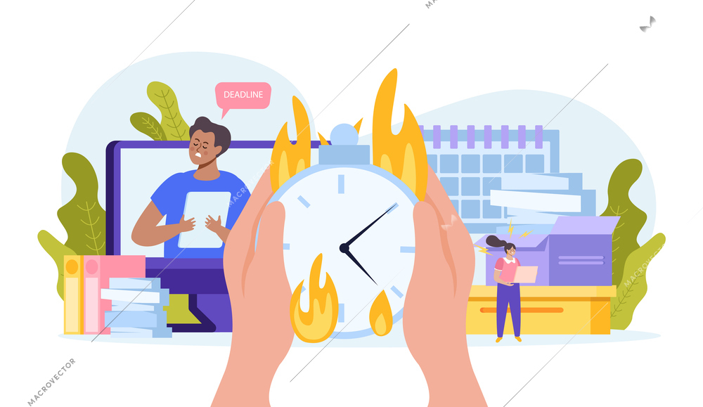 Business stress flat composition of burning clock in human hands icons of paperwork and office workers vector illustration