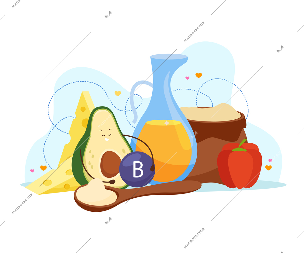 Cartoon avocado flat composition with character of fruit collecting vitamins and food ingredients cheese and oil vector illustration