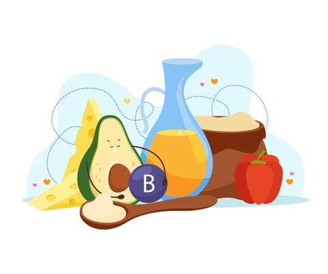 Cartoon avocado flat composition with character of fruit collecting vitamins and food ingredients cheese and oil vector illustration