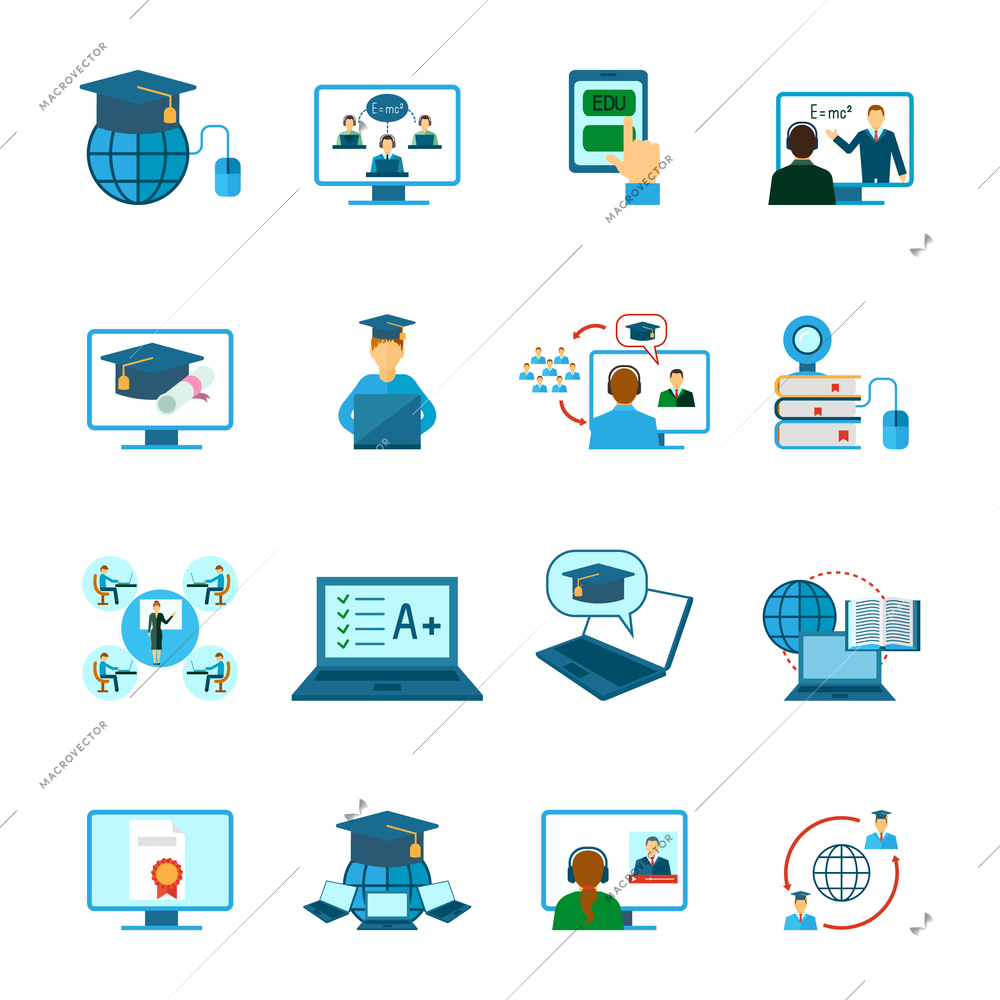 Online education learning and training icon flat set isolated vector illustration