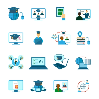 Online education learning and training icon flat set isolated vector illustration