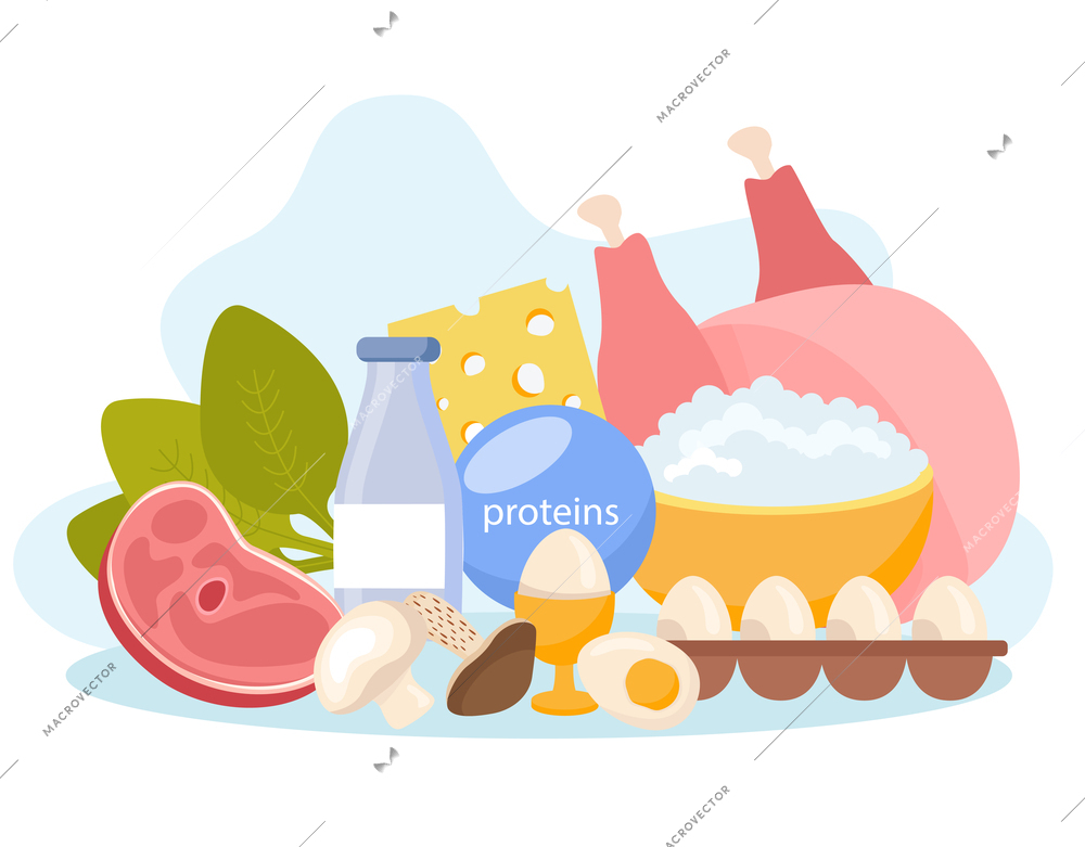 Macronutrients flat composition with bunch of products containing proteins such as raw meat eggs and mushrooms vector illustration