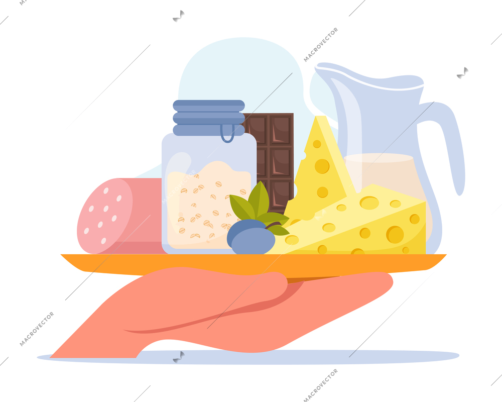 Oatmeal flat composition with front view of human hand holding tray with sausage cheese and porridge vector illustration