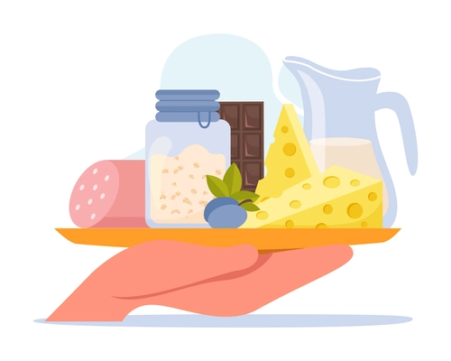 Oatmeal flat composition with front view of human hand holding tray with sausage cheese and porridge vector illustration