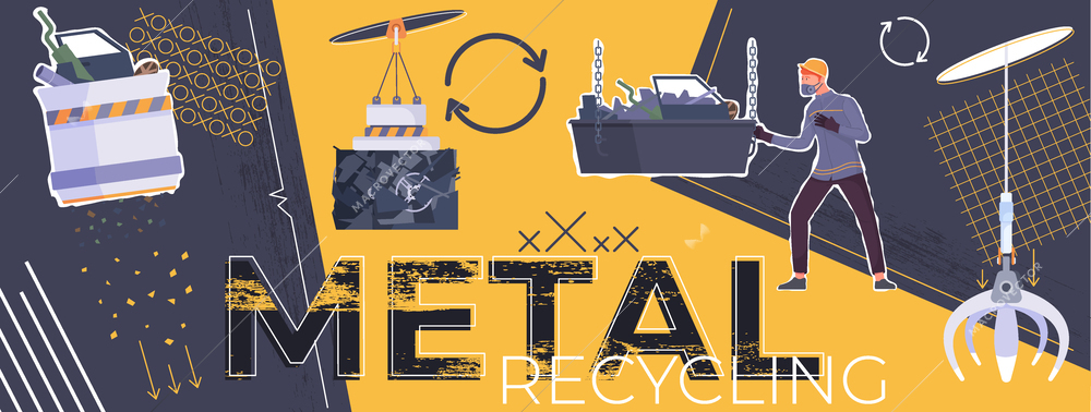 Metal recycling composition with collage of editable text and flat dumping site icons magnets waste balers vector illustration