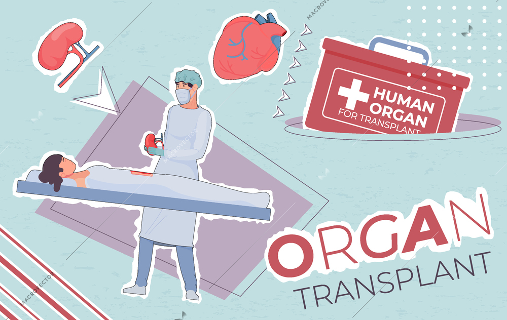 Organ transplant composition with collage of flat text internal organ images and doctor performing surgical procedure vector illustration