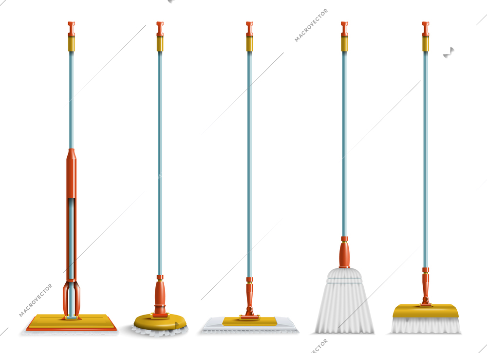 Realistic cleaning mop brush set with isolated front view images of janitorial utensils on blank background vector illustration