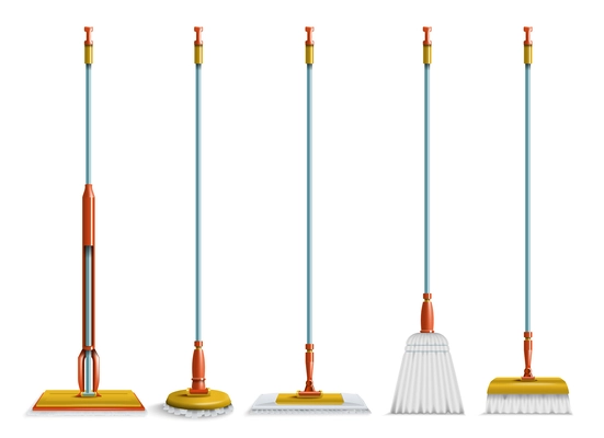 Realistic cleaning mop brush set with isolated front view images of janitorial utensils on blank background vector illustration