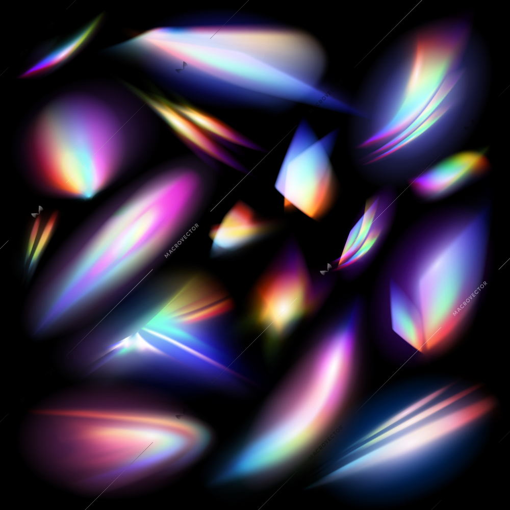 Realistic crystal rainbow light effects set of isolated rainbow colored gradients bokeh pieces on black background vector illustration