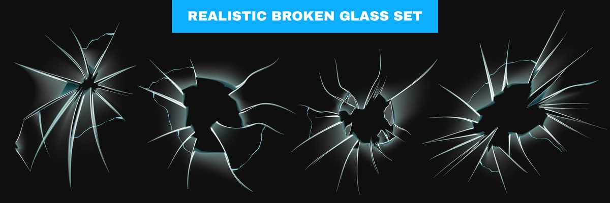 Realistic broken glass set on black background with images of glass holes with fissures and cracks vector illustration