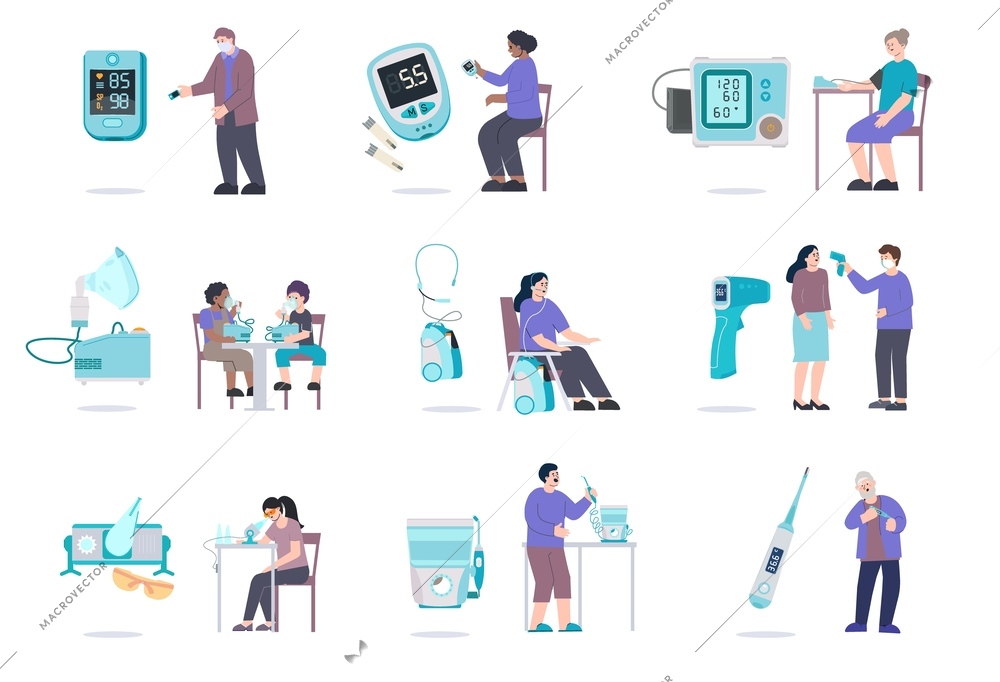 Home medical devices flat set of isolated human characters and electronic appliances for domestic health care vector illustration