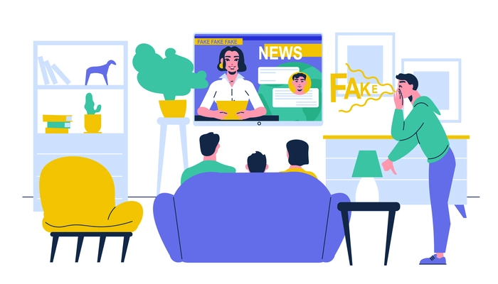 Fake news composition with indoor scenery of living room and family members watching tv broadcast together vector illustration