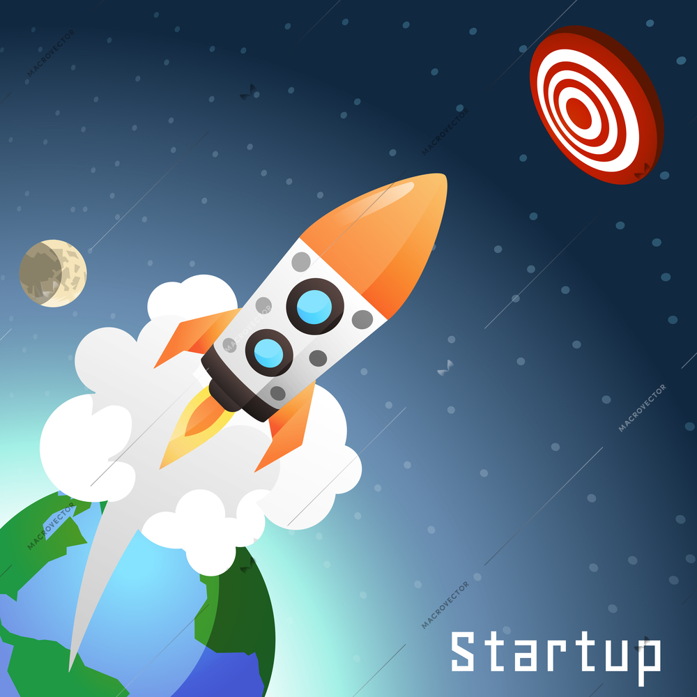 Business startup concept with flat rocket launch starting from earth vector illustration