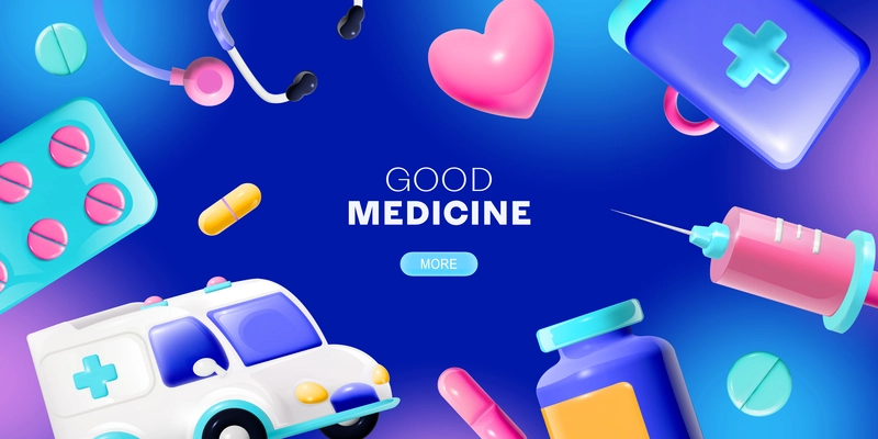 3d cartoon medicine frame with horizontal gradient background childish images of medication text and clickable button vector illustration