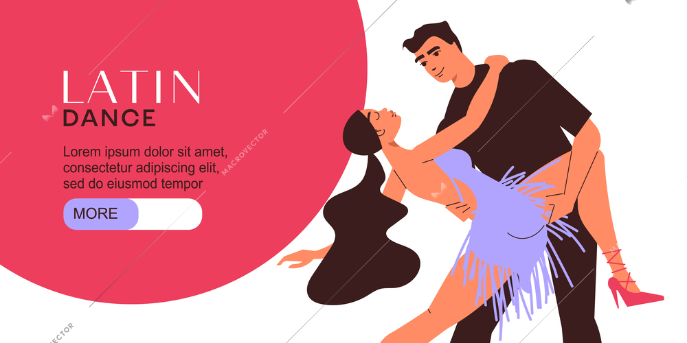 Latin dance horizontal banner with editable text slider more button and doodle characters of dancers pair vector illustration