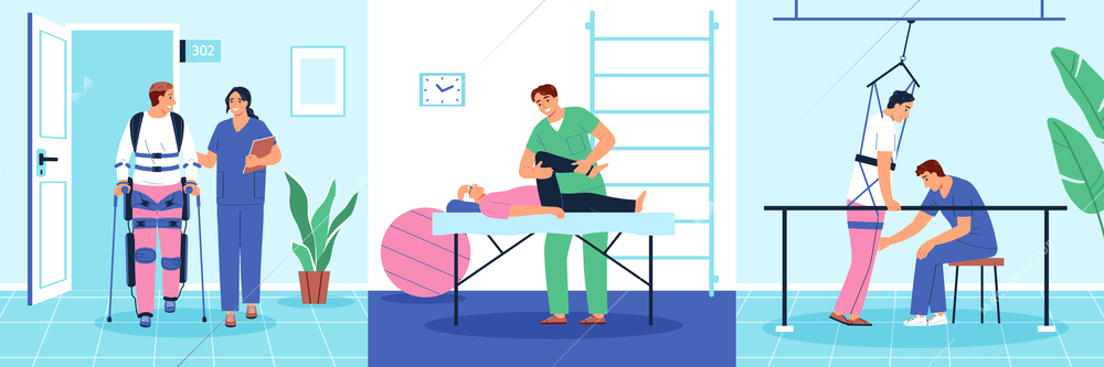 Physiotherapy compositions with patients during orthopedic rehabilitation flat vector illustration